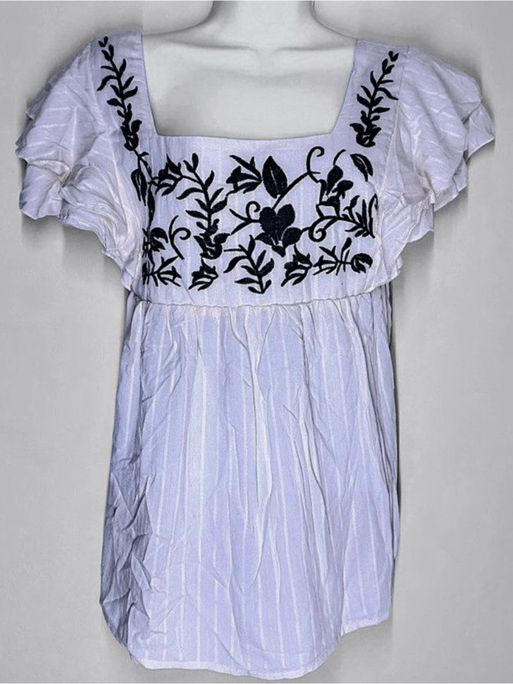 Emery Rose Floral Embroidered Babydoll Blouse Square Neck S